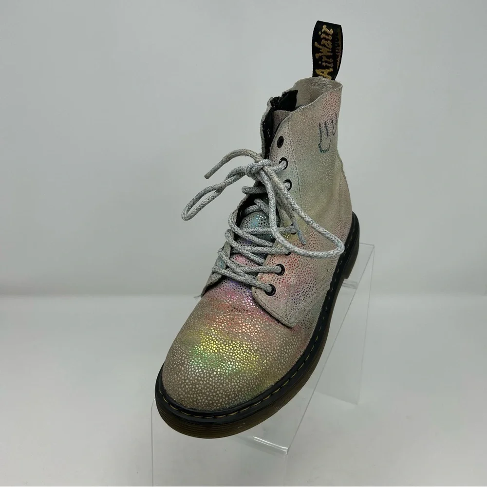 Dr. Martens Pascal White Metallic Rainbow Glitter Lace Up Kids Boots Size 3